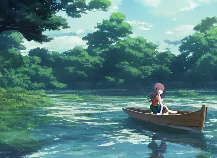 Image similar to a girl fishing on a wooden boat in a river, peaceful and serene, incredible perspective, anime scenery by Makoto Shinkai