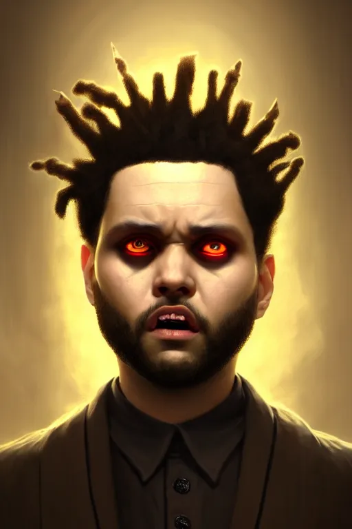 Image similar to a demonic horrific portrait of the weeknd, white eyes, bored, illustration, soft lighting, soft details, painting oil on canvas by edmund blair leighton and charlie bowater octane render, hdr, trending on artstation, 4 k, 8 k, hd