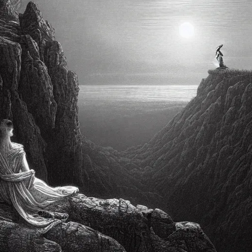 Image similar to A lonely woman, distant city, forest, cliff, gorgeous view, dramatic light, high contrast, illustration by Paul Gustave Doré