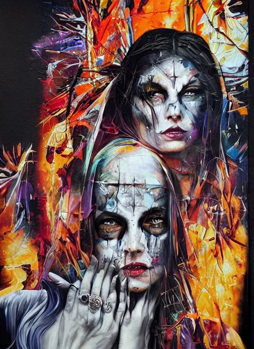 Prompt: powerful tripping cult magic psychic woman, subjective consciousness psychedelic, epic surrealism expressionism symbolism story iconic, dark robed witch, oil painting, paint layers, robe, greek dark myth, by Sandra Chevrier, masterpiece