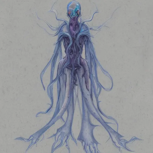 Image similar to concept designs of an ethereal ghostly wraith like figure with a squid like parasite latched onto its transparent skull and long tentacle arms that flow lazily but gracefully at its sides like a cloak while it floats around a frozen rocky tundra in the snow searching for lost souls and that hides amongst the frosted trees, this character has hydrokinesis and electrokinesis for the resident evil village video game franchise with inspiration from the franchise Bloodborne in the style of arcane the series on netflix