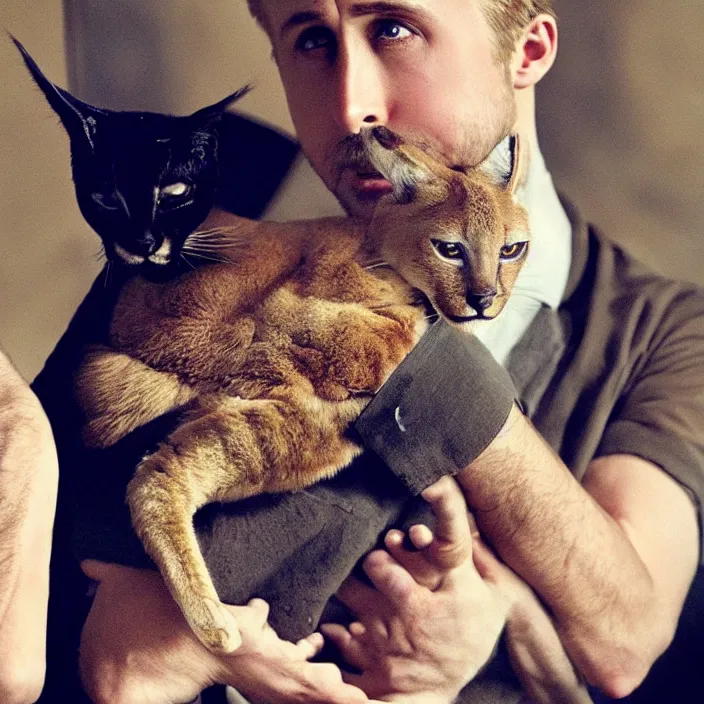 Image similar to Ryan Gosling holds a caracal cat in his hands, ultra highly detailed, smooth, sharp focus, elegant, artstation