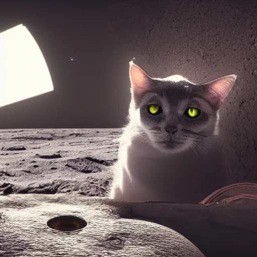 Image similar to a cat stuck in a washing machine on the moon, cinematic lightning, 8k, octane render,