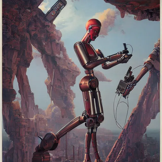 Image similar to robot artist painting a self - portrait on a canvas. intricate, detailed, digital matte painting in the style of gil elvgren and in the style of wayne barlowe. irony, recursion, inspiration.