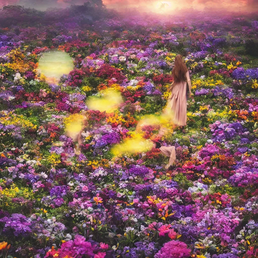 Image similar to a planet of various flowers, fungus and plants, in which the human figure is dressed in something magical and impressive, inside the picture is infinity, sunset light, Atmospheric phenomenon, artistic photography, muted colors, conceptual, long exposure outside the city