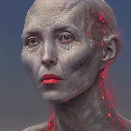 Image similar to face portrait, rocky shore, alien woman, glowing red, by edgar maxence and ross tran, zdzisław beksinski, and michael whelan, distant, gustav dore, h. r. giger, 8 k, octane render