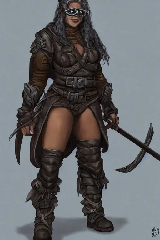 Prompt: full character image of : gender : female, race : orc, job : bounty hunter, weapon : katana, clothes : leather armor, accessories : goggles, body type : strong hair style : wavy, concept art, trending on artstation hd.