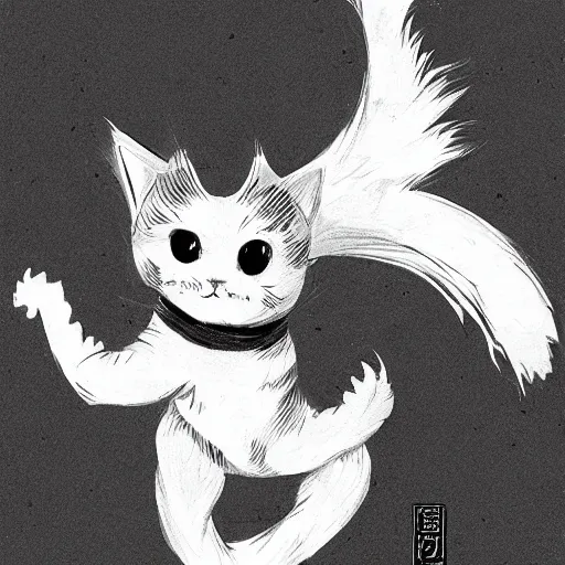 Prompt: a black and white drawing of a cat, an illustration of by gatoken shunshi, pixiv contest winner, dynamic pose, official art, sabattier effect