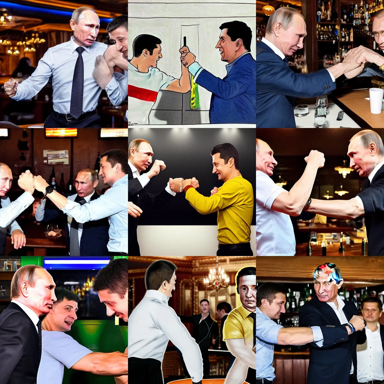Prompt: vladimir putin and Volodymyr Zelensky fighting in a bar, photorealistic