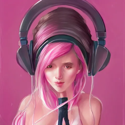 Image similar to very very very beautiful pink gamer girl wearing headphones with a unicorn horn coming out of her head standing in a pink girls room, full body portrait, eye contact, smiling, perfect face, perfect body, extreme long shot, drawn by charlie bowater