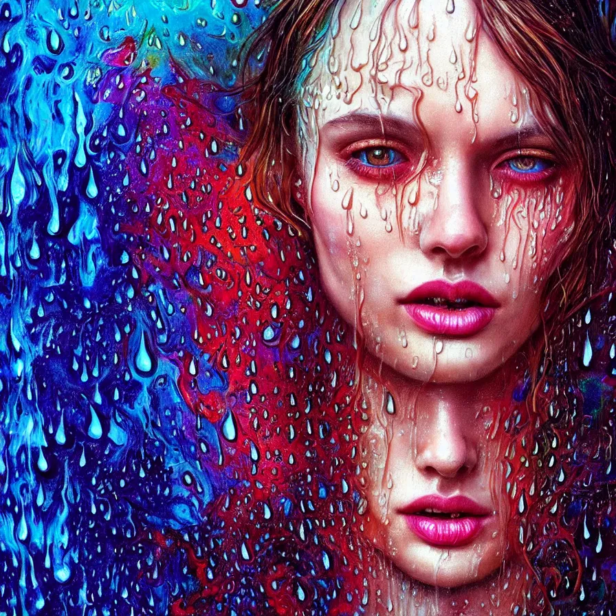 Image similar to bright asthetic portrait of LSD in rain with wet hair and one face, liquid, fantasy, intricate, elegant, dramatic lighting, highly detailed, lifelike, photorealistic, digital painting, artstation, illustration, concept art, smooth, sharp focus, art by John Collier and Albert Aublet and Krenz Cushart and Artem Demura and Alphonse Mucha