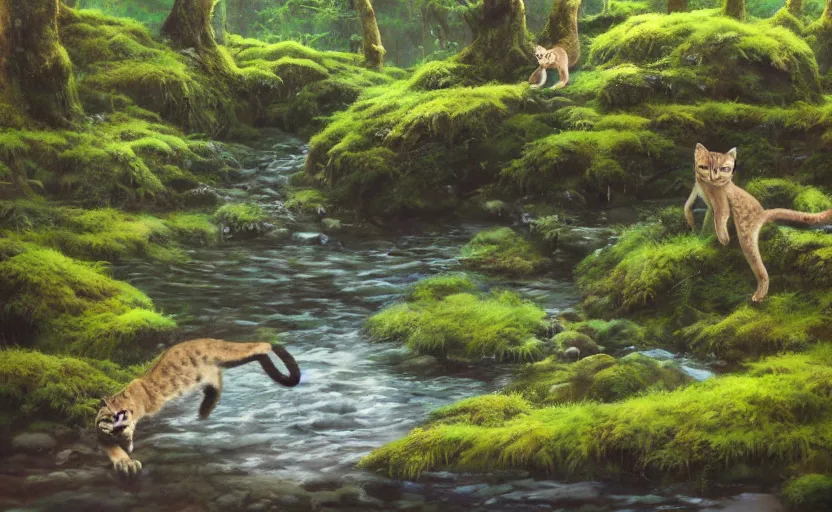 Prompt: wild cats in a clear water stream in a mossy forest, oil painting by Makoto Shinkai