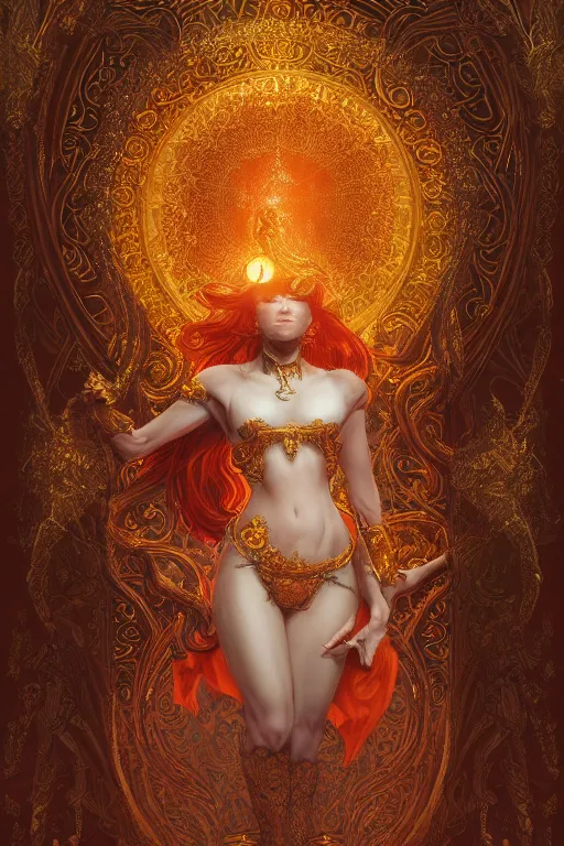 Image similar to tarot card artstation, portrait of a black love dancer, sunrise, baroque ornamnet and rococo ornament, ancient chinese ornate, hyperdetailed, beautiful lighting, craig mullins, mucha, klimt, yoshitaka amano, red and gold and orange color palatte