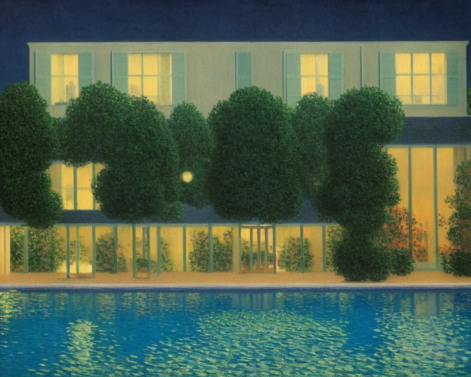 Prompt: achingly beautiful painting of a sophisticated, well - decorated, modern pool house at night by rene magritte, monet, and turner.