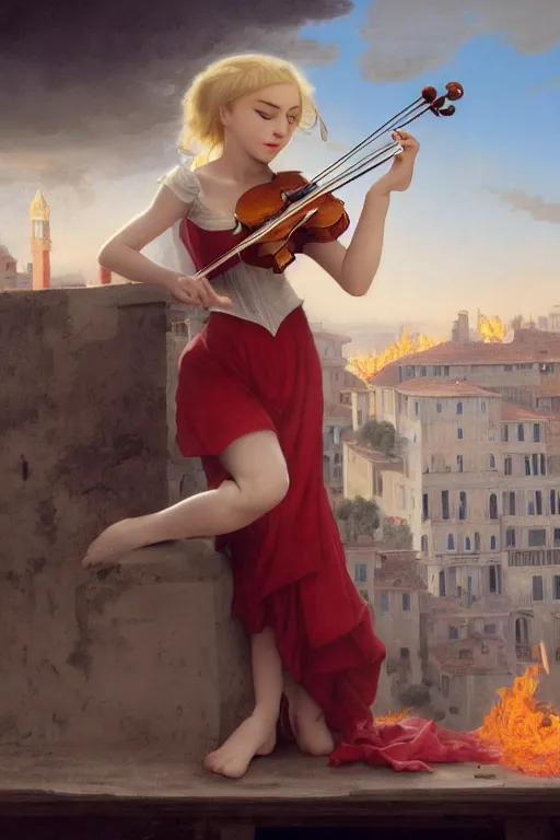 Image similar to beautiful blonde girl, expressively playing the violin, in a venetian outfit, illustration, manga, on the roof of a burning building, highly detailed, artstation, illustration, jurgens, rutkowski, bouguereau, canon eos r 3