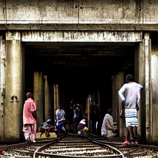 Image similar to poor people life under railway bridge, award winning, realistic, 2 0 0 0 p, hyper details, by steve mccury, best on adobe stock, cinematic, detailed place and people