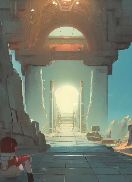 Image similar to warm canyon with giant gate entrance, nuclear powered, detailed, futuristic, cory loftis, james gilleard, atey ghailan, makoto shinkai, goro fujita, studio ghibli, rim light, exquisite lighting, clear focus, very coherent, plain background