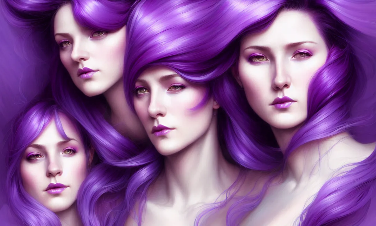Prompt: Purple hair relistic Portrait of a two woman with bright colored flying hair, all shades of purple. Beauty face, Hair coloring, fantasy, intricate, elegant, highly detailed, digital painting, artstation, concept art, smooth, sharp focus, illustration, art by artgerm and greg rutkowski and alphonse mucha