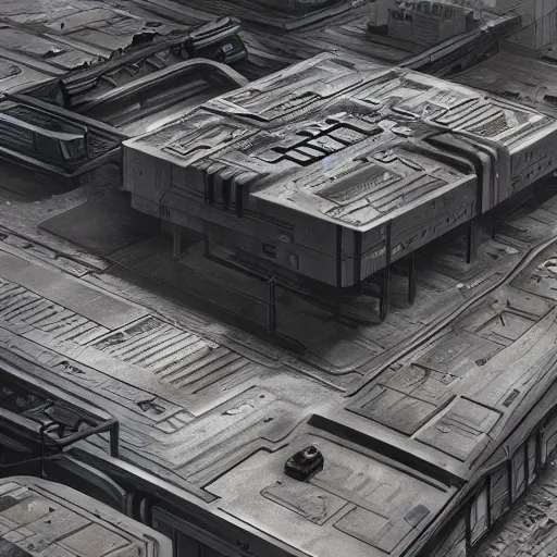 Image similar to scifi brutalist industrial complex, photorealistic