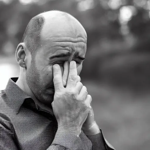 Image similar to a balding middle aged man crying