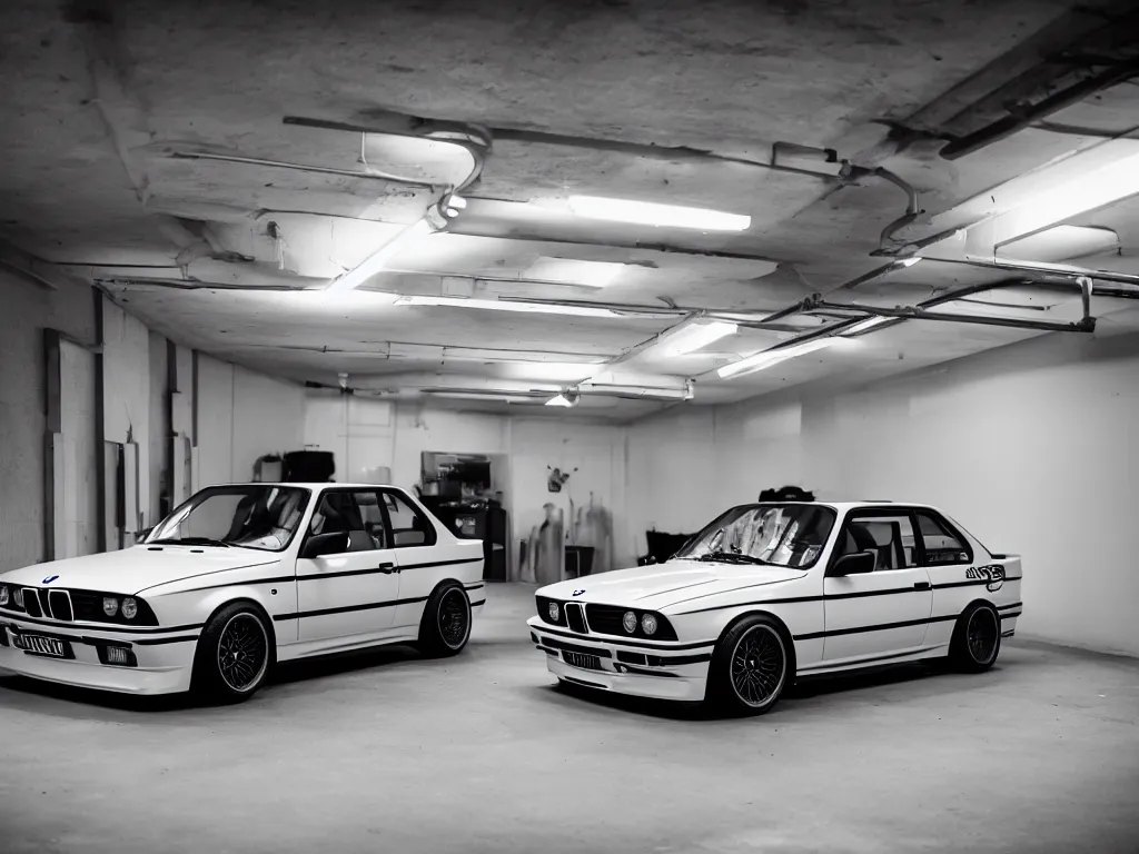 Image similar to a modified bmw e 3 0 with lights on in a futuristic neon parking garage, 3 5 mm photography, car photography, clean lines, realistic