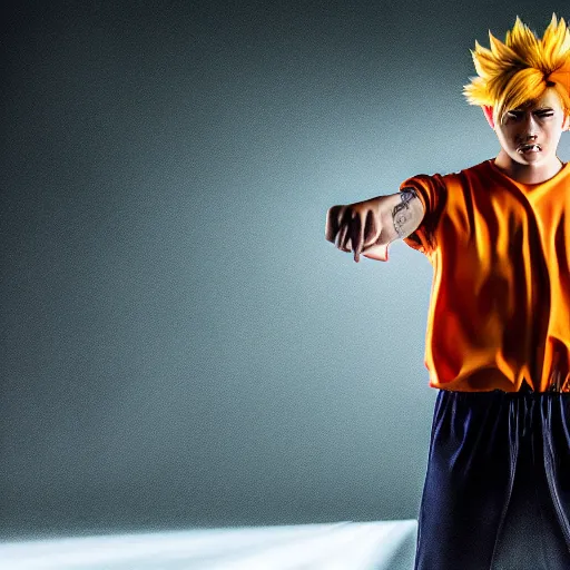 Prompt: portrait of man cosplaying as goku, studio lighting, 8k