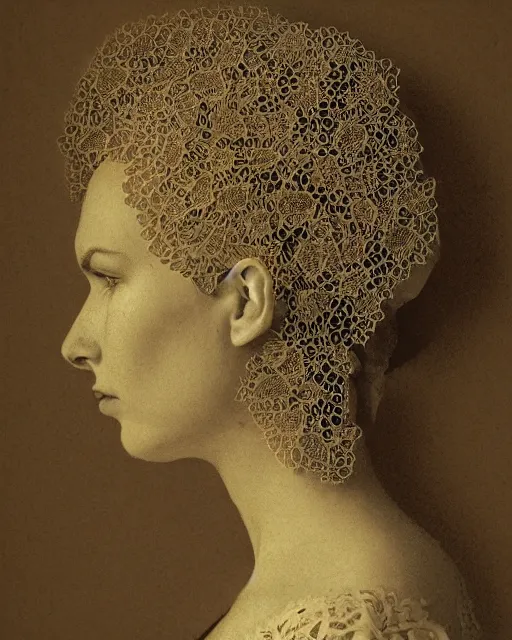 Image similar to a woman's face in profile, made of intricate decorative lace leaves, in the style of the dutch masters and gregory crewdson, dark and moody