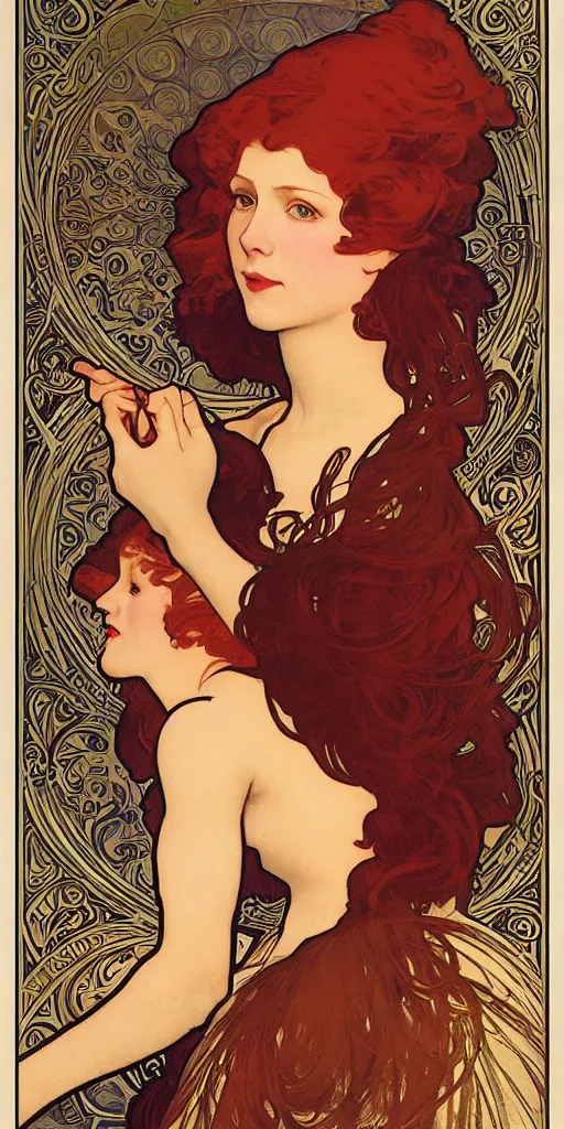 Image similar to highly detailed redhead woman poster style by designer alphonse mucha, maxfield parrish