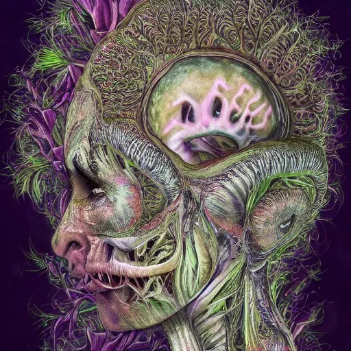 Image similar to a beautiful detailed photo of a centered full body rotten woman corpse morphing into fractal plants and fractal flowers and mushrooms, face muscles, veins, anatomical, intricate, ornate, volumetric light, beautiful lit, beetlejuice