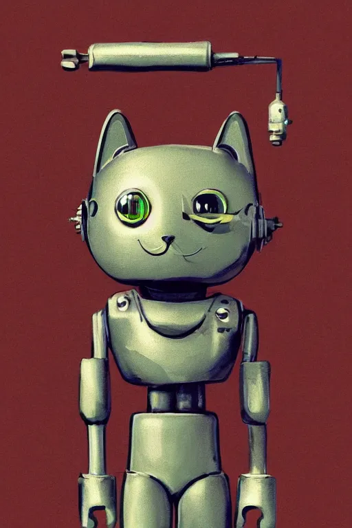 Image similar to a cute cat robot, painted by wally wood and matt jefferies, trending on artstation, steam punk, bright macro view pixar, award - winning, blueprint, chillwave, realism