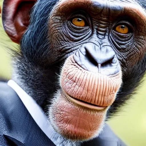 Image similar to a high detail shot of a chimp wearing a suit and smoking