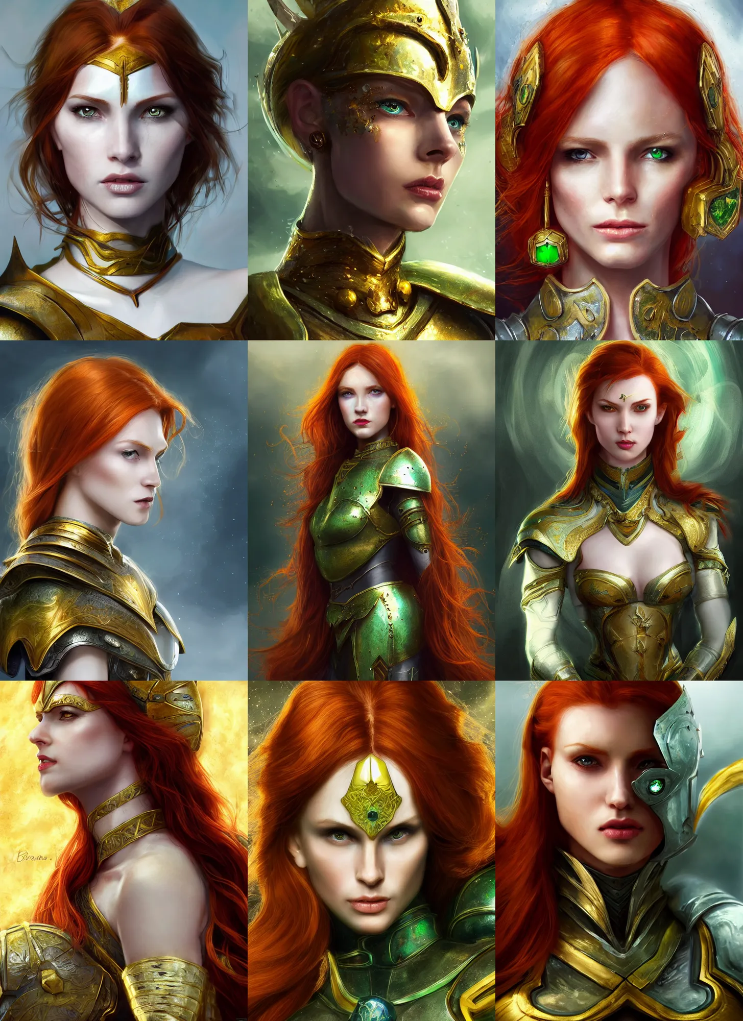 Prompt: Beautiful redhead woman with green gem on her forehead, in white and golden armor, portrait, fantasy, medieval, vivid colors, fantasy, elegant, concept art, sharp focus, beautiful face, digital art, Hyper-realistic, 4K, Unreal Engine, Highly Detailed, HD, Dramatic Lighting by Brom, trending on Artstation