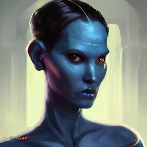 Image similar to portrait of a female Twi'lek by Greg Rutkowski, blue skin, she is about 30 years old, wearing black sith uniform, Star Wars Expanded Universe, highly detailed portrait, digital painting, artstation, concept art, smooth, sharp foccus ilustration, Artstation HQ