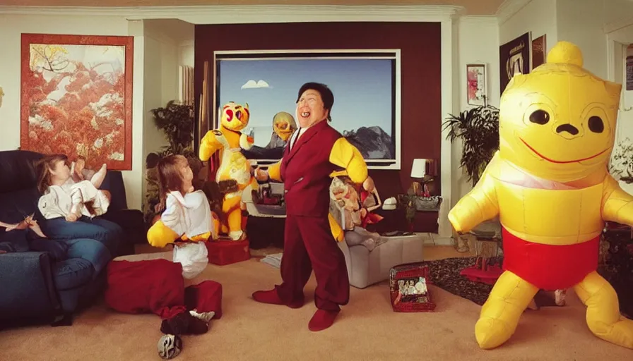 Image similar to 1990s candid 35mm photo of a beautiful day in the family living room, cinematic lighting, cinematic look, golden hour, a very large, oversized Japanese magical costumed toy salesman mascot is teleporting out of the TV and aggressively selling the family and kids toys by force, the costumed salesman is a very large giant, he has fancy decorations on his costume, there is a big toy in the living room with the family, toys in the room, UHD