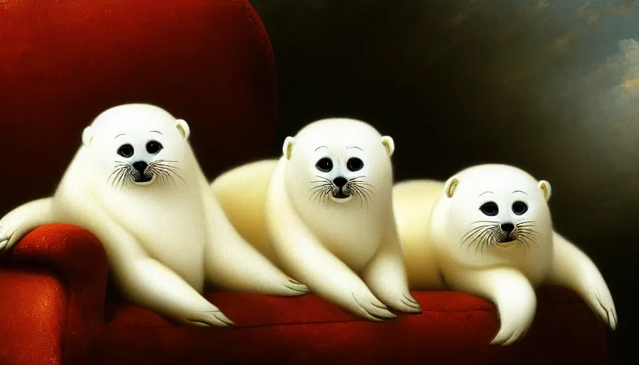 Image similar to highly detailed painting of cute furry white baby seals cuddling up on a brown leather sofa with ice by ivan aivazovsky, thick brush strokes and visible paint layers, 4 k resolution, lounge background