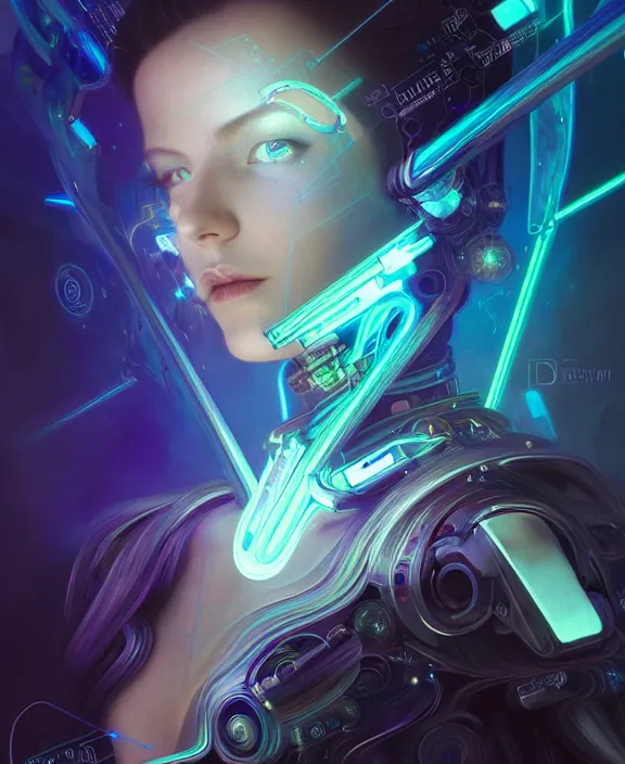 Image similar to a whirlwind of souls rushing inside the metaverse, hologram, half body, neurochip, shaved temple, piercing, jewelry, android, cyborg, cyberpunk face, by loish, d & d, fantasy, intricate, elegant, highly detailed, colorful, digital painting, artstation, concept art, art by artgerm and greg rutkowski and alphonse mucha