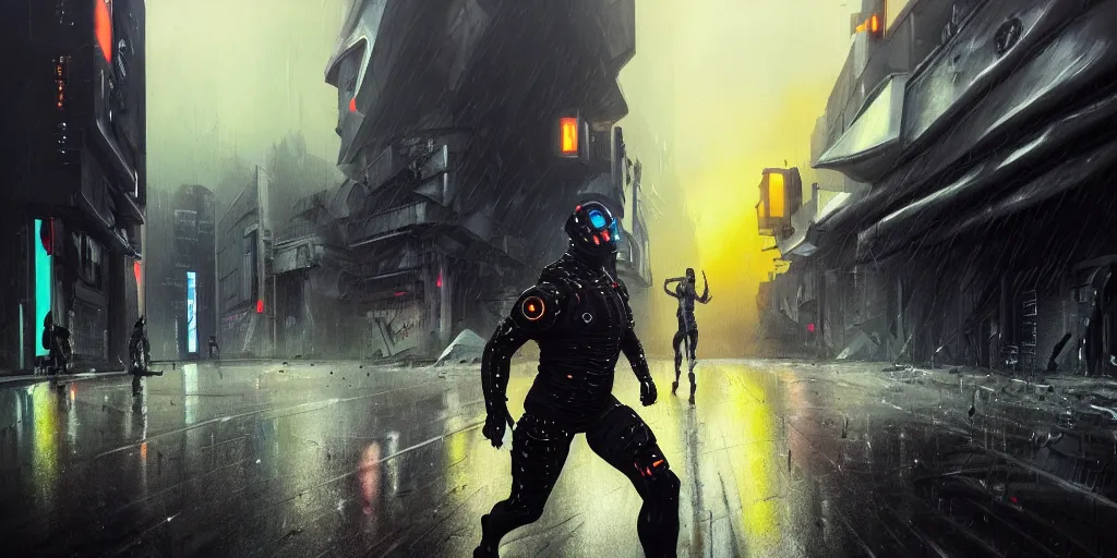 Image similar to Action portrait painting of a cyberpunk supersoldier villian character, armoured in athletic carbon suit head to toe, running towards camera in cyberpunk street, car explosion in background, rain, dark clouds atmosphere, wide shot, asymmetrical, profile picture, Organic Painting, sunset dark dramatic, matte painting, bold shapes, hard edges, street art, wide angle lens, trending on artstation, by Sachin Teng