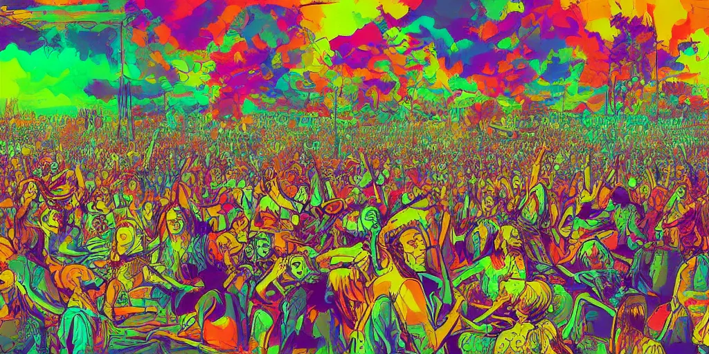 Image similar to magnificent picture of 1969 Woodstock, Hippie vibe, psychedelic detail, digital art, artstation, smooth, sharp