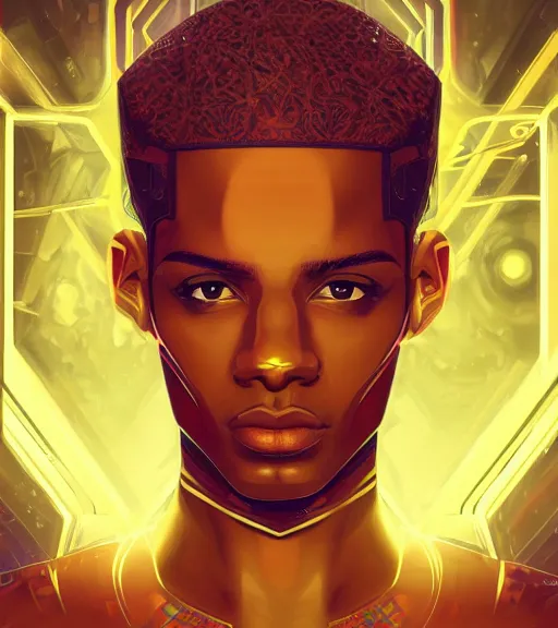 Image similar to symmetry!! egyptian prince of technology, solid cube of light, hard edges, product render retro - futuristic poster scifi, lasers and neon circuits, brown skin man egyptian prince, intricate, elegant, highly detailed, digital painting, artstation, concept art, smooth, sharp focus, illustration, dreamlike, art by artgerm