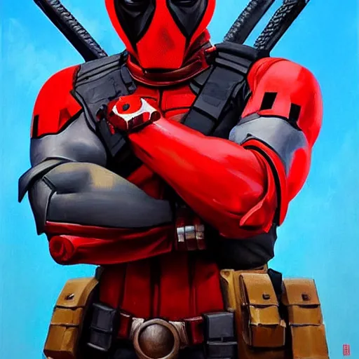 Image similar to greg manchess portrait painting of armored deadpool as overwatch character, medium shot, asymmetrical, profile picture, organic painting, sunny day, matte painting, bold shapes, hard edges, street art, trending on artstation, by huang guangjian and gil elvgren and sachin teng