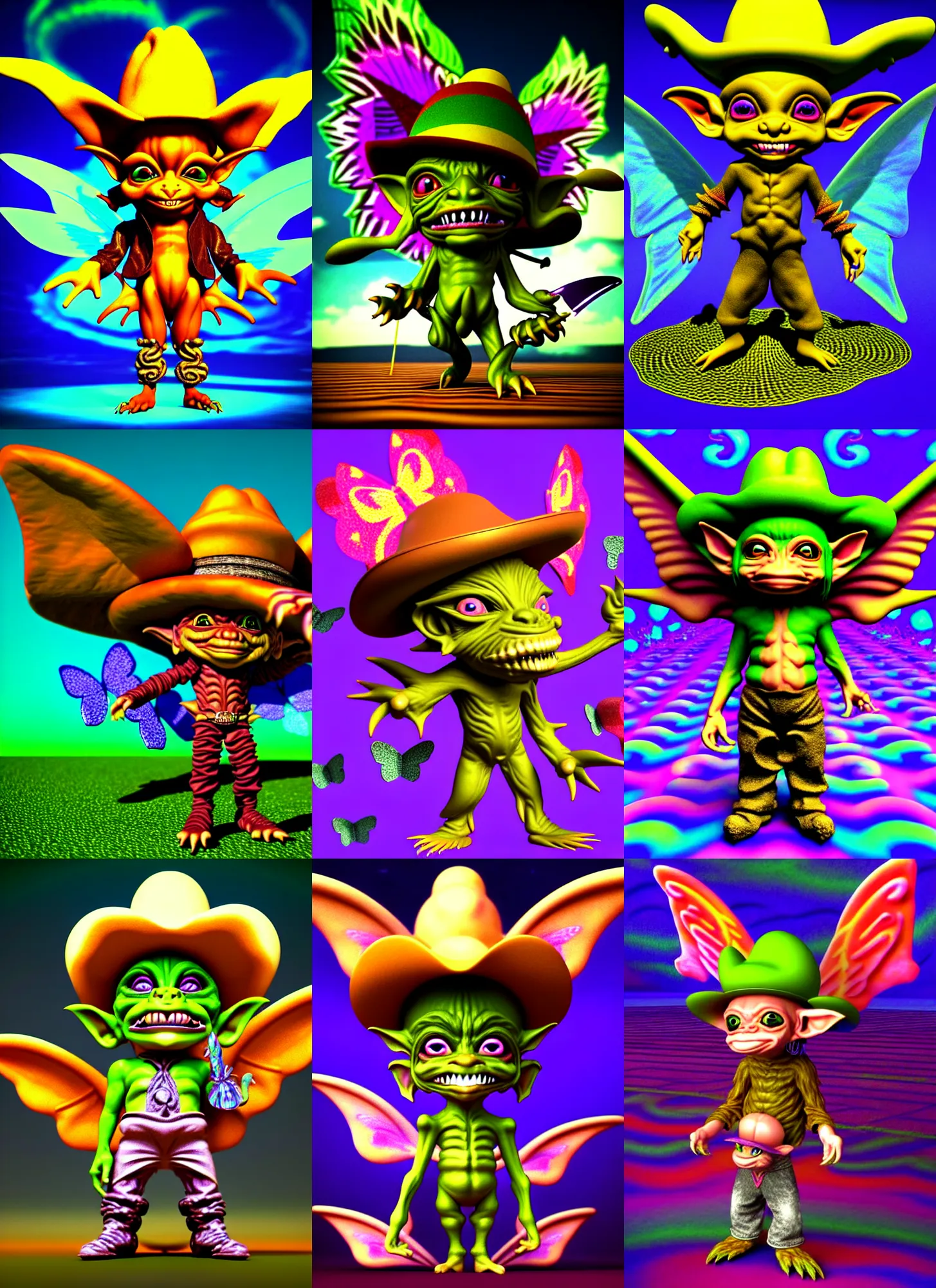 Prompt: 3d render of chibi goblin by Ichiro Tanida wearing a big cowboy hat and wearing angel wings against a psychedelic swirly background with 3d butterflies and 3d flowers n the style of 1990's CG graphics 3d rendered y2K aesthetic by Ichiro Tanida, 3DO magazine