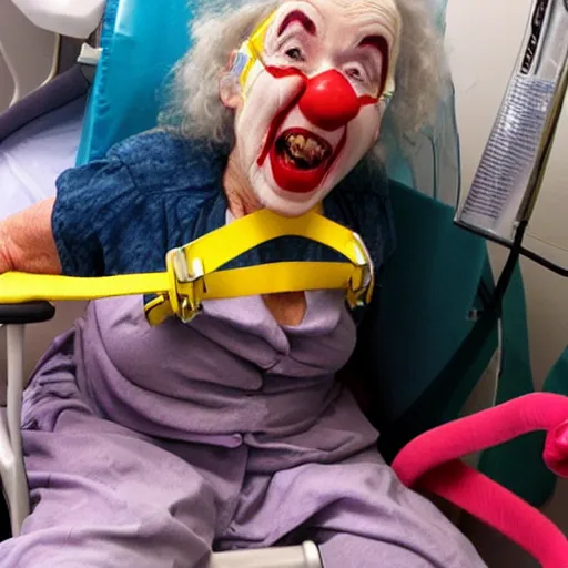 Image similar to crazy old lady clown with wrist restraints in hospital bed