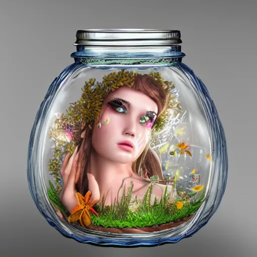 Prompt: a beautiful fairy creature inside a jar, uhd, 8k, stunning, hyper detailed, award winning,