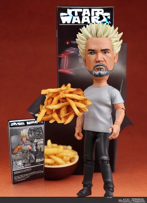 Prompt: star wars black series action figure of guy fieri with barfing chili cheese fries action, pristine box, toy still in package, ebay, extremely detailed