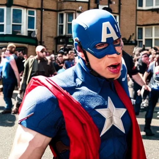 Image similar to photo of captain america fighting an edl march in a british pub