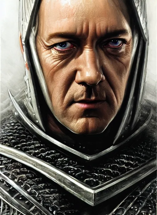 Image similar to armoured kevin spacey as sauron, by alan lee, lord of the rings, smooth, detailed terrain, oil painting, matte painting, concept art, trending on artstation, promotional artwork, film still, elegant, photorealistic facial features, intricate, detailed face, cinematic lighting