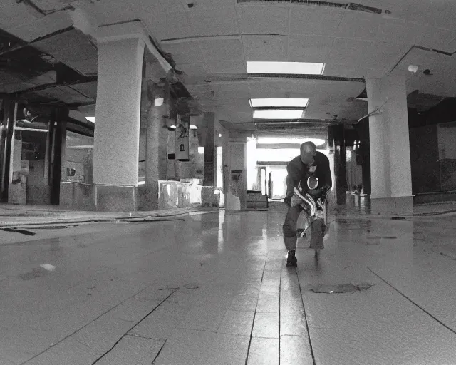 Image similar to camera footage of Joe Biden, False Human Features, Phasing through floor in an abandoned shopping mall, Psychic Mind flayer, Terrifying, Insanity :7 , high exposure, dark, monochrome, camera, grainy, CCTV, security camera footage, timestamp, zoomed in, Feral, fish-eye lens, Fast, Radiation Mutated, Nightmare Fuel, Ancient Evil, No Escape, Motion Blur, horrifying, lunging at camera :4 bloody dead body, blood on floors, windows and walls :5