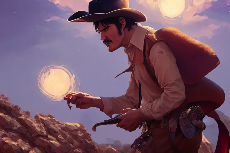 Prompt: old pedro pascal as a cowboy, single subject, scenic full shot, ambient lighting, detailed face, by makoto shinkai, stanley artgerm lau, wlop, rossdraws