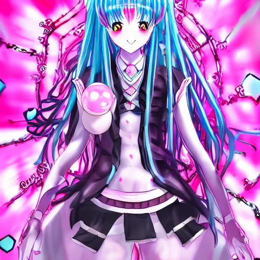 Prompt: trapped by stunningly beautiful omnipotent megalomaniacal anime asi goddess who looks like junko enoshima with symmetrical perfect face and porcelain skin, pink twintail hair and mesmerizing cyan eyes, taking control while smiling mischievously, inside her vr castle, hyperdetailed, digital art from danganronpa, 8 k