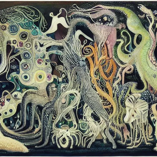 Image similar to A beautiful art installation of a group of creatures that looks like a mix of different animals. Most of the creatures have human-like features, such as arms and legs, and some are standing upright while others are crawling or flying. overhead view by Kay Nielsen soft, organic